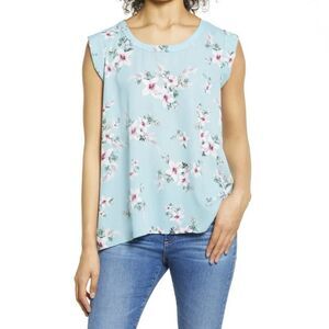 Everleigh Pleat Back High Low Sleeveless Top in Mint/ Ivory Floral - Size S